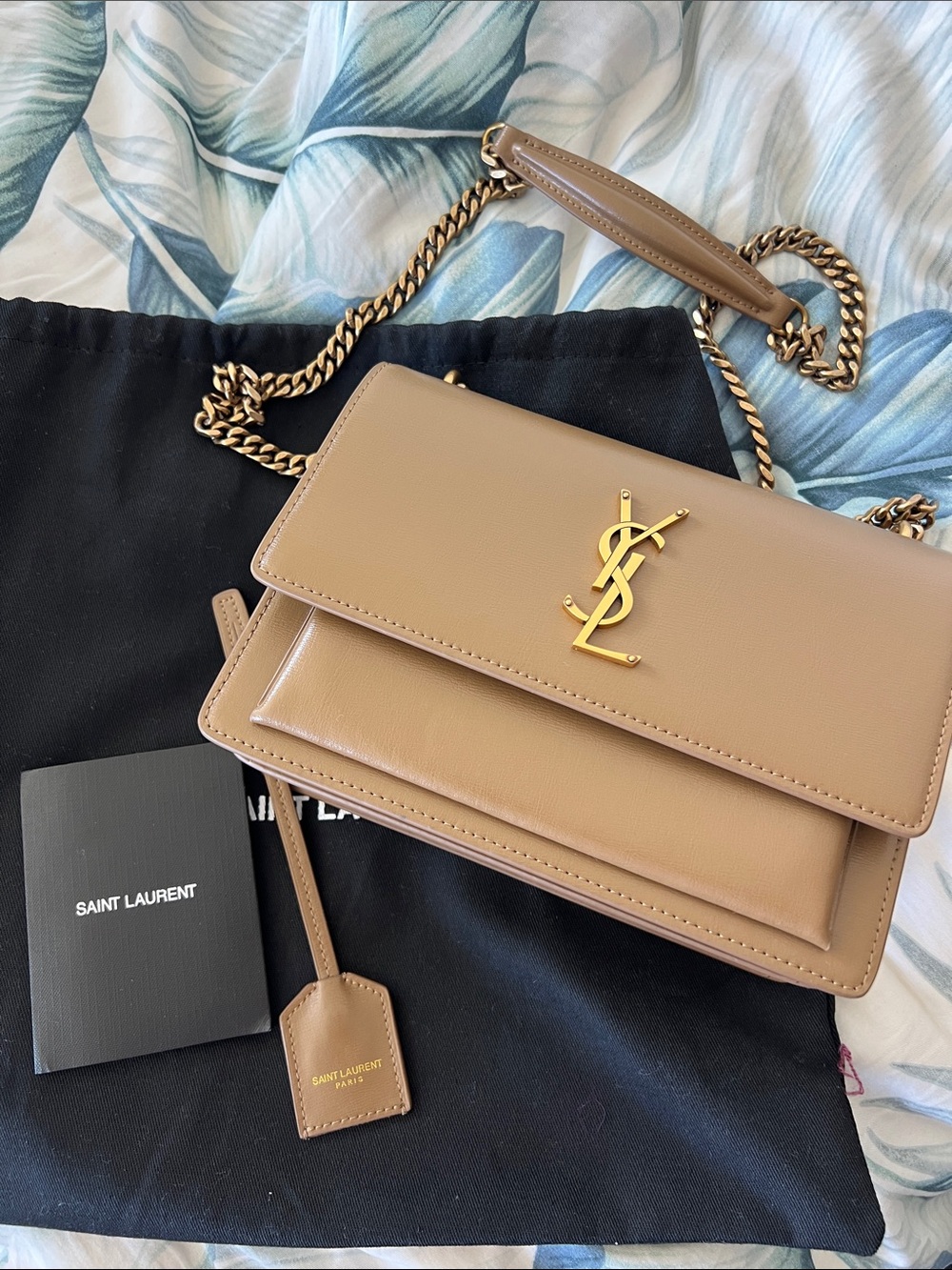 YSL Sunset Taupe Leather Chain Shoulder Bag with Gold YSL Logo - Picture 6 of 6